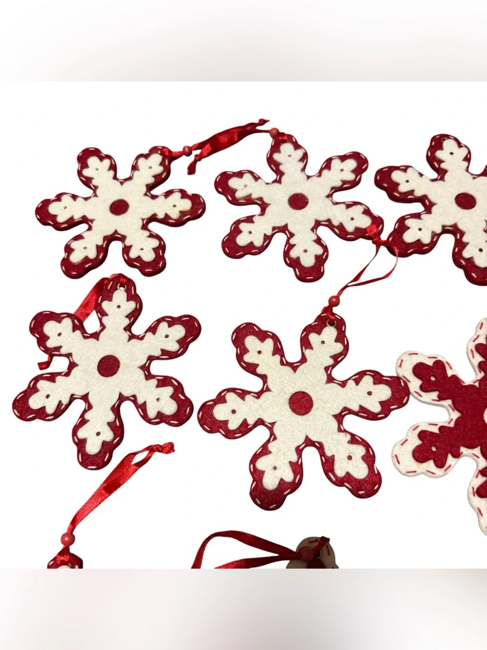 Lot Of 18 Snowflake Christmas Ornaments Felt Red White